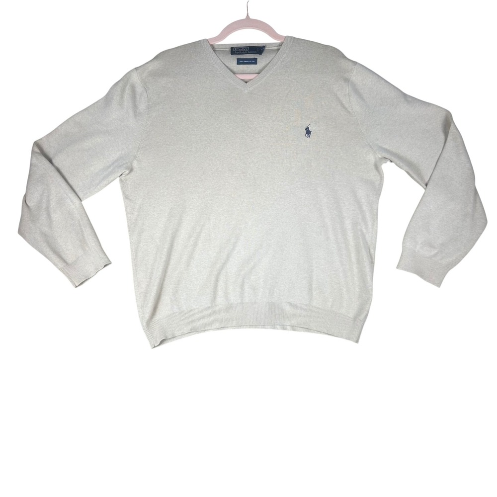 Polo Ralph Lauren Mens Large V-Neck Sweater Beige‎ 100% Pima Cotton Pony Logo